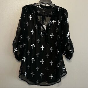 Wrangler Rock 47 Womens Size Medium Black Sheer Blouse With Silver Cross Design